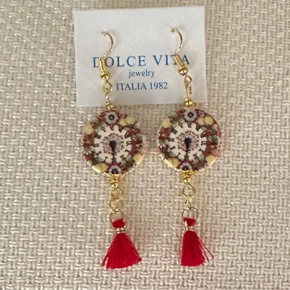 Dolce Vita x Anthro Rounded Roman Numeral Coral Clock Art Tassel Earrings